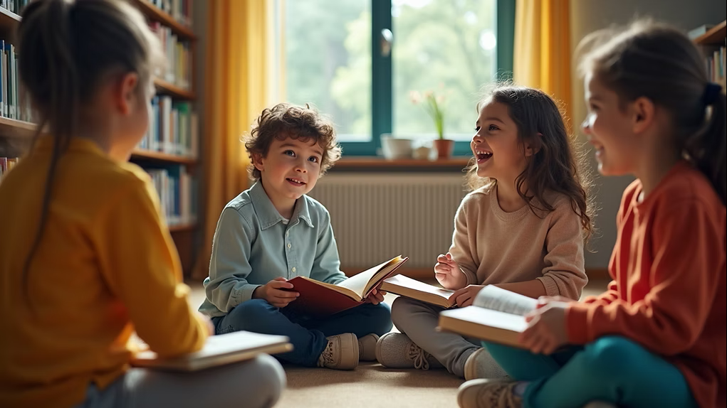 Children, sitting in a learning centre, with books.