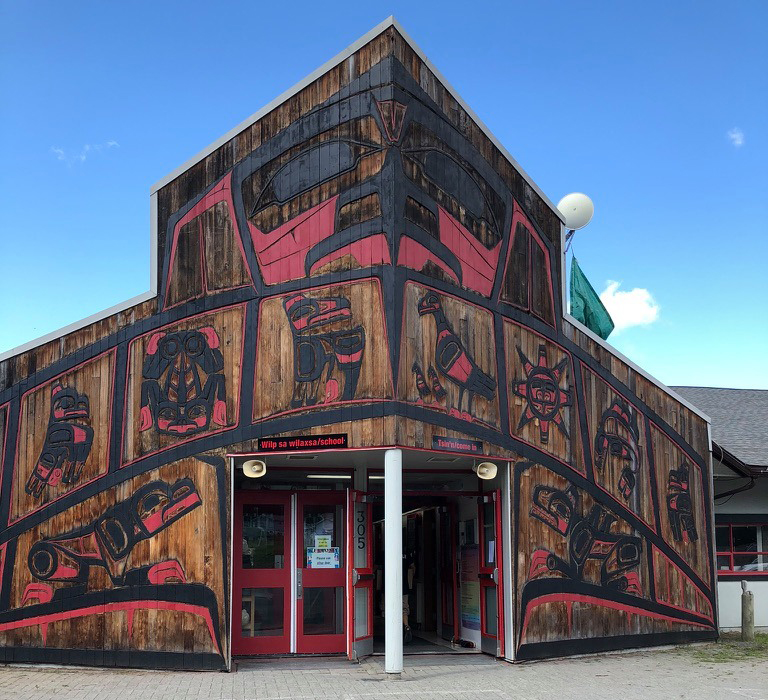 The entrance of Gitsegukla school and library.