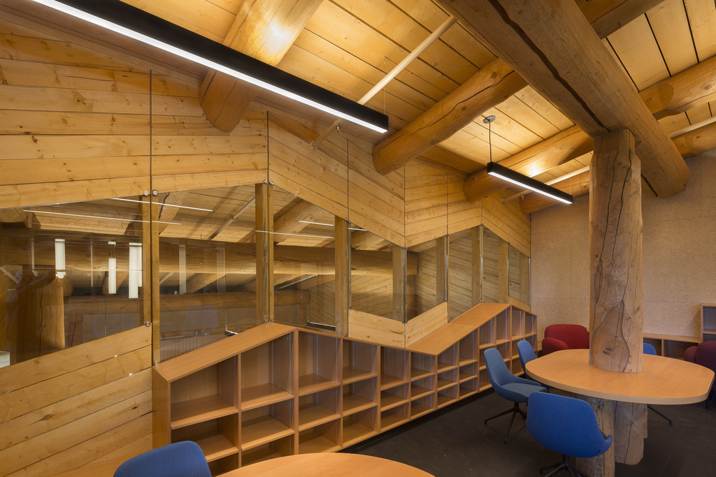 The partially installed library in Daylu Dena cultural and administrative building.