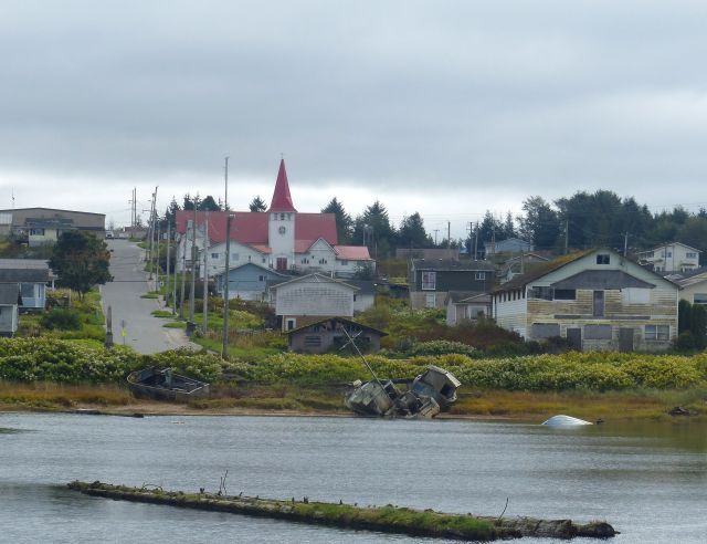 View from the water, up the hill, of the Lax Kw'alaam town.