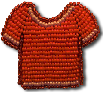 A beaded pin, or brooch, in the shape of a T-shirt. The beads are mainly orange.